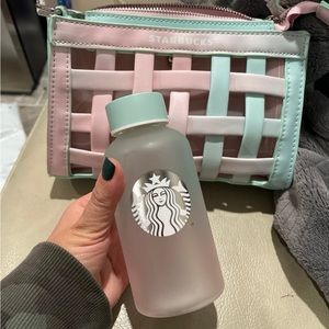 Starbucks blue & pink weave crossbody bag & glass tumbler